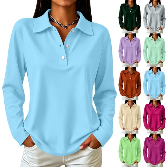 Womens Polo Shirts Long Sleeve 3-Button Summer Dressy Tops Loose Fit Collared Cotton Blend Golf Shirt Stretchy Business Ginger L