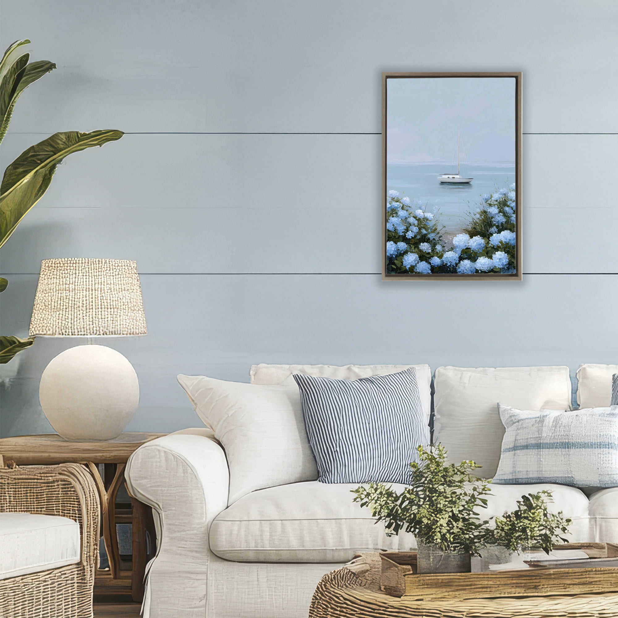 Stupell Industries Yacht in Floral Bay Brown Framed Floater Canvas Wall Art, design by Petal Prints Design