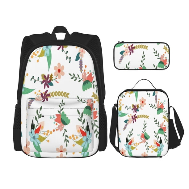 Balery Pretty Floral With Leaves Mochila Escolar 3 en 1 para Niños - Mochila Resistente con Lonchera Térmica y Estuche - Mochila Escolar para Niños y Niñas