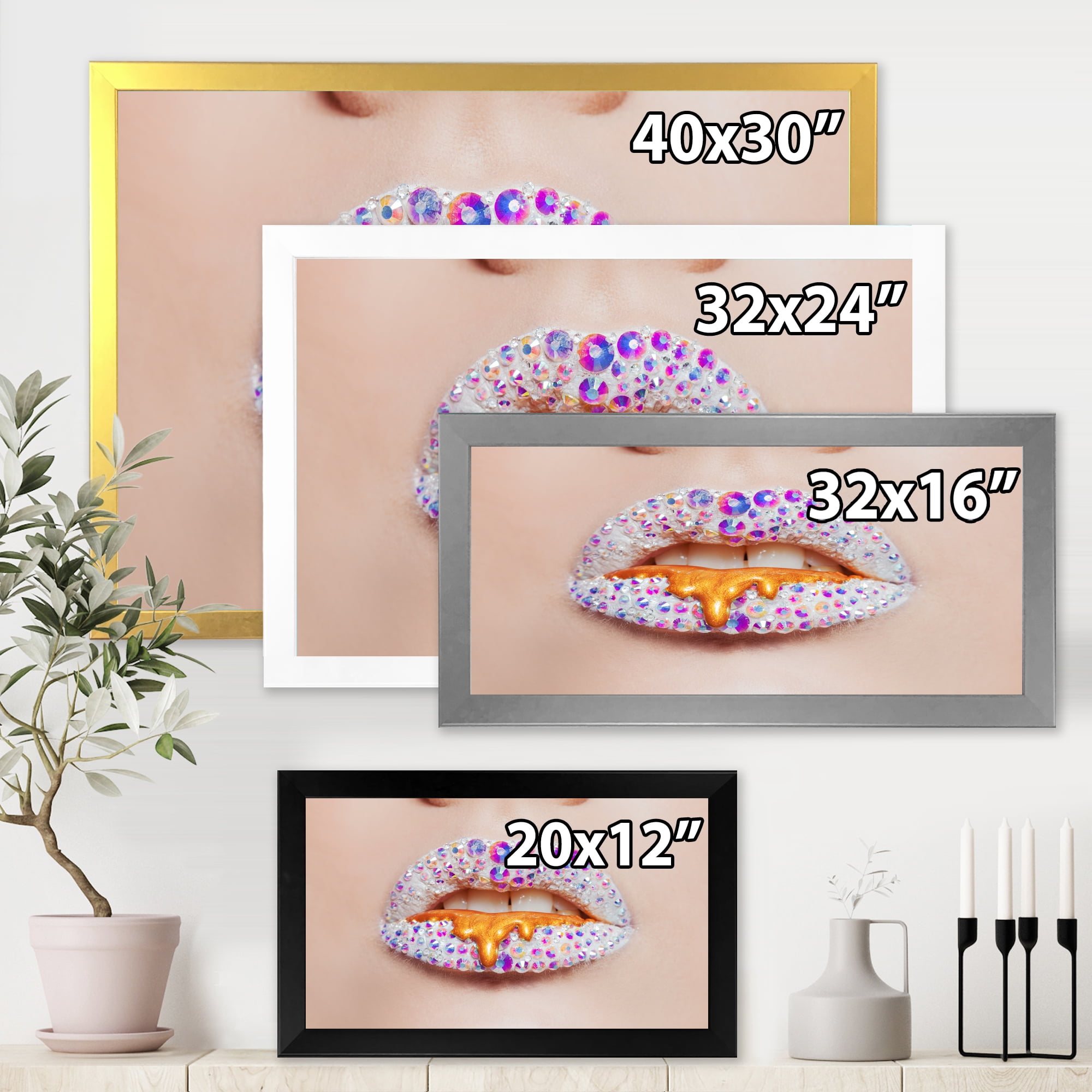 Designart 'Shining Woman Lips Covered With Rhinestones and Smudges' Modern Framed Art Print