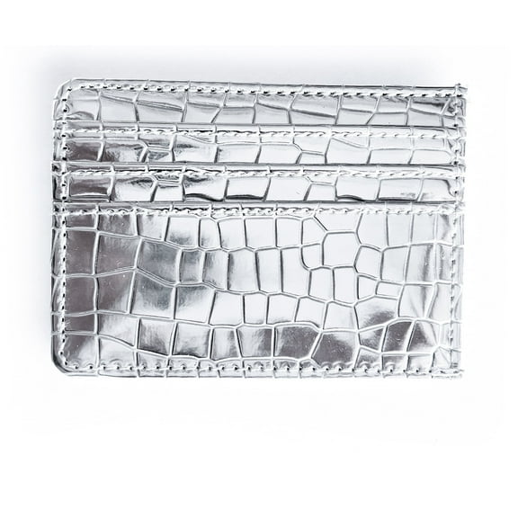 Swedey credit card holder slim design wallet in silver metallic faux leather crocodile pattern