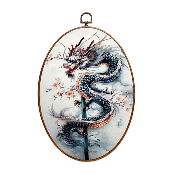 Canvas Wall Art Intricate Ink Painting Dragon Bamboo Blossoms Oval Framed Canvas Prints Vintage Wall Hanging Decor for Home Bedroom Nursery Living Room 8.6"x11.4"