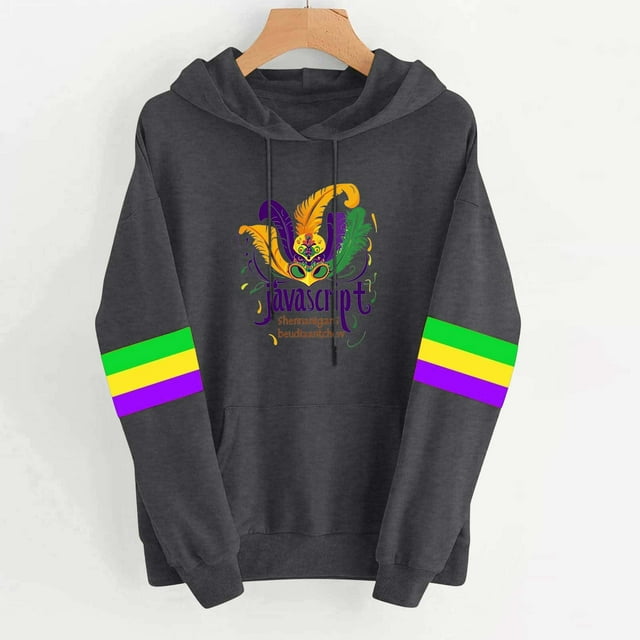 Uootdi Mardi Gras Womens Drawstring Hoodies for Women Carnival Crewneck Heart Print Hooded Long Sleeve Pullover Festive Color Block Loose Sweatshirts Gift