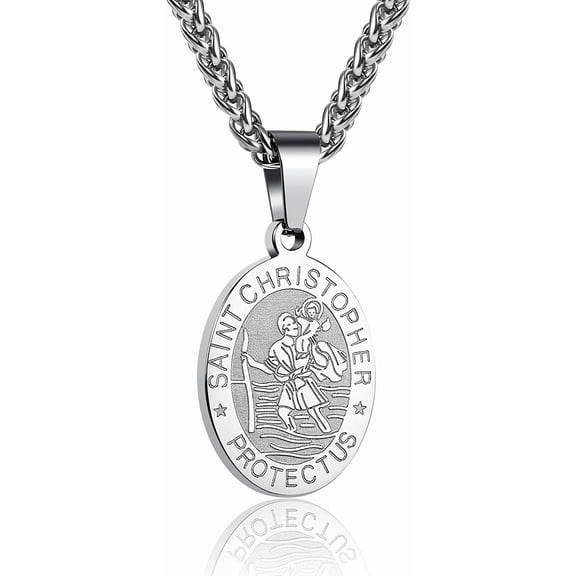 APSVO Silver Plated Saint St Christopher Necklaces for Men Stainless Steel Medal Pendant Chain Christian Religious Catholic Birthday Christmas Jewelry Gifts Teen Boys Stocking Stuffers Kids