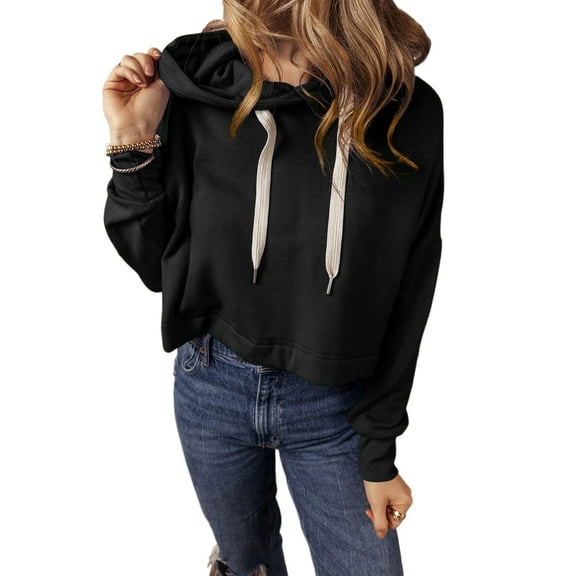 Women's Black Cropped Hoodie with Drop Shoulder and Adjustable Drawstring | [ZhiHiMeRi] | (US 12-14)L