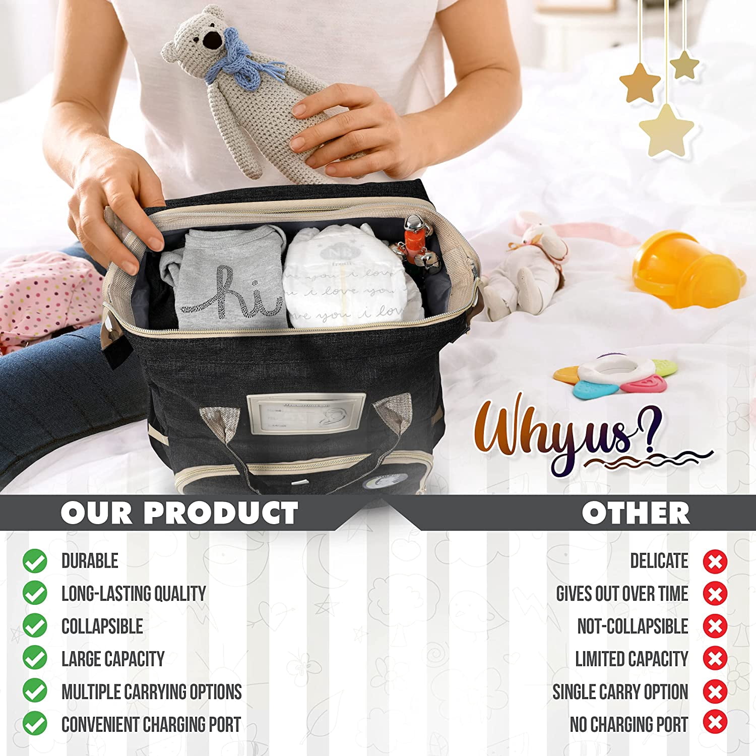 Baby Diaper Bag with Changing Station – Diaper Bag Backpack and USB Port, Insulated Bottle Bag, Mosquito Net, Sunshade – Comfortable and Stylish with Practical Stroller Hooks (Black)