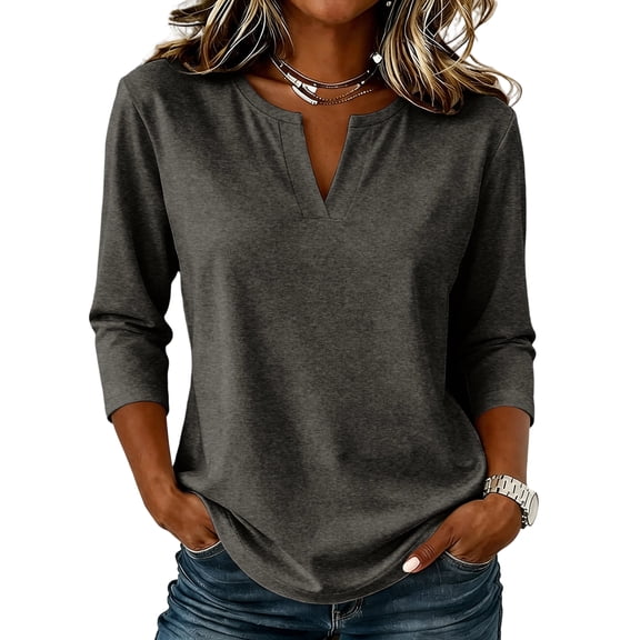 Women's T-Shirt Notch Neck 3/4 Sleeve Solid Color Casual Pullover Basic Comfortable Relaxed Fit Fall Top