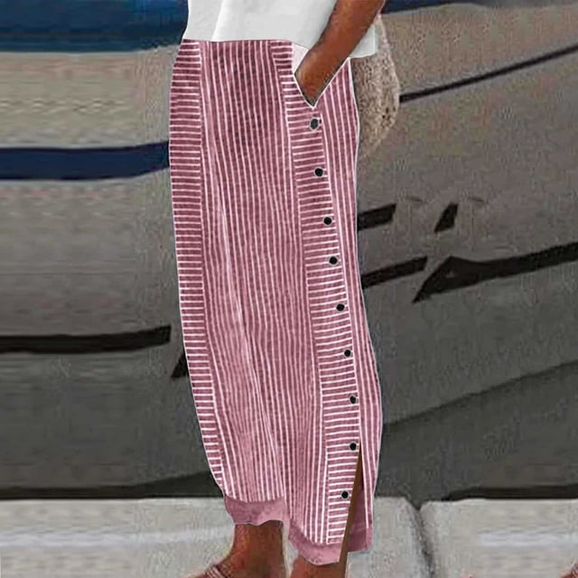 Women Summer Fashion Striped Print Button Casual Versatile Loose Long Pants Solid Drawstring Casual Linen Pants Women Trousers Womens Casual Romper Pants plus Size Sweat Pants Comfortable Maternity