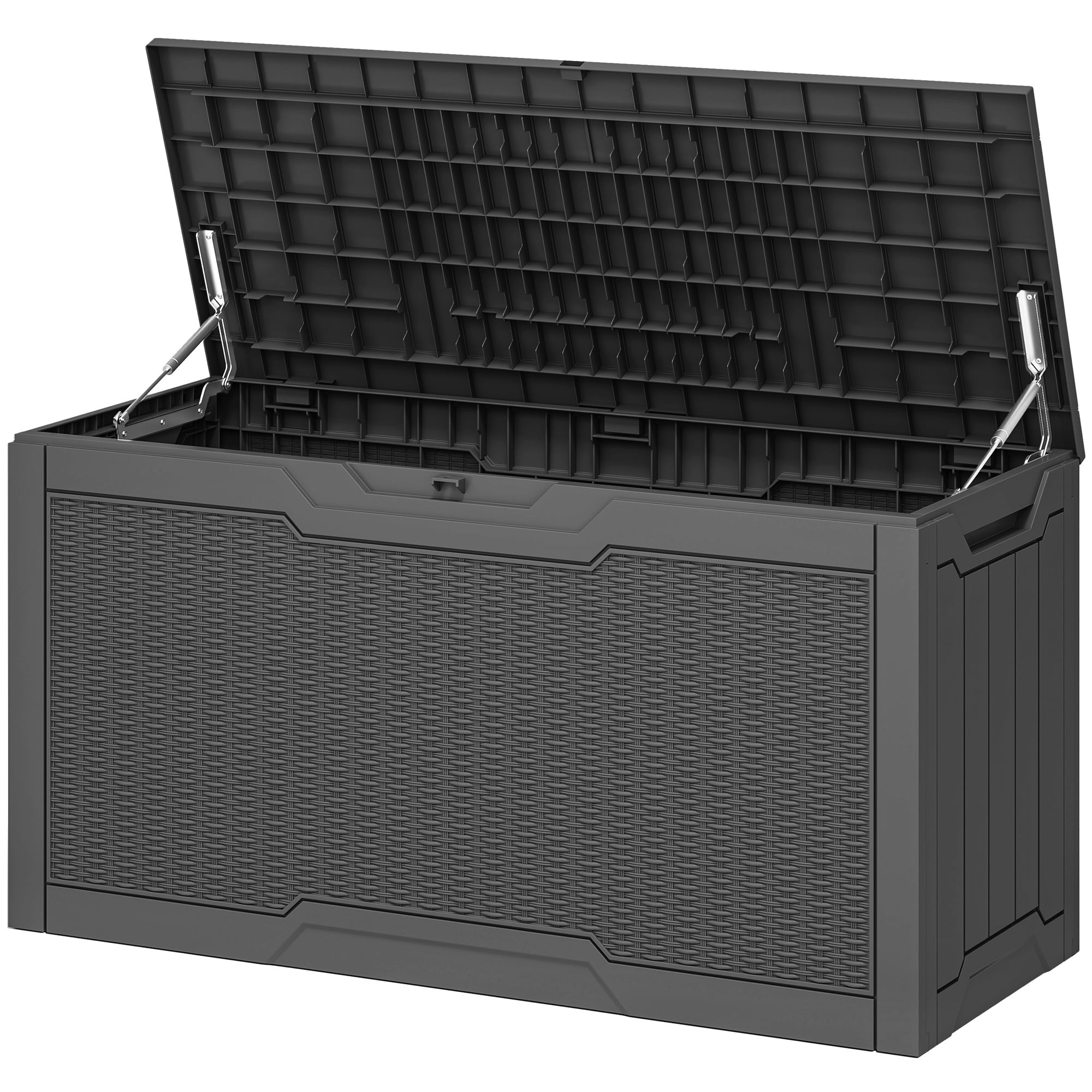 Uforic 80 Gallon Resin Deck Box, Weather Resistant Rattan Outdoor Storage Box, Lockable for Patio Garden Pool Supplies, Dark Gray