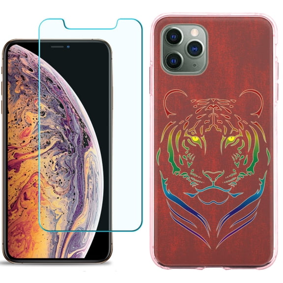 For Apple iPhone 11 PRO Case, Slim-Fit TPU Protective Phone Case (Pink Bezel) with Tempered Glass Screen Protector, by OneToughShield ® - Night Tiger