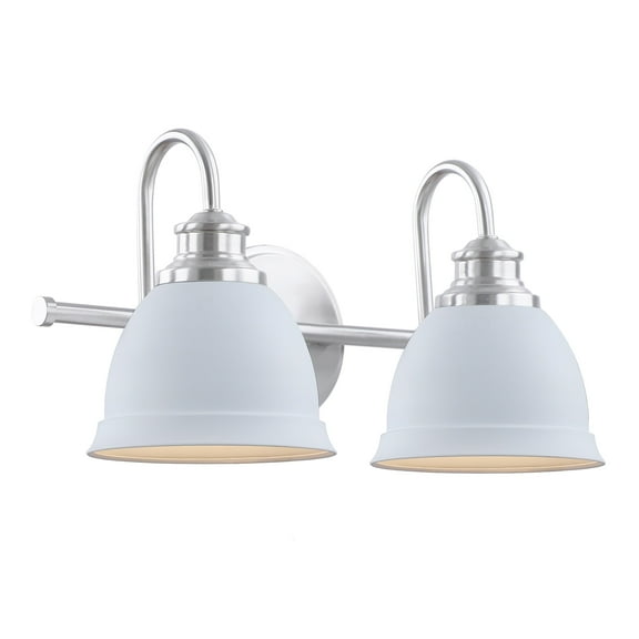 Aspen Creative 62330, Bathroom Vanity 2 Lights Fixture 16-1/2"W x 8-1/2"H x 7-3/4"E. Satin Nickel   White Finish, Bulb Not Included