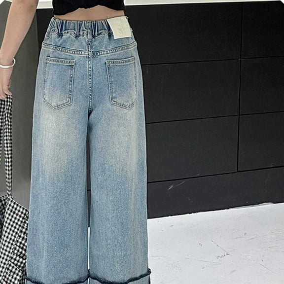 Kids Girls Jeans Elastic High Waist Wide Leg Baggy Pants for Teens Juniors Jeans 3-4 Years Girls Fashion
