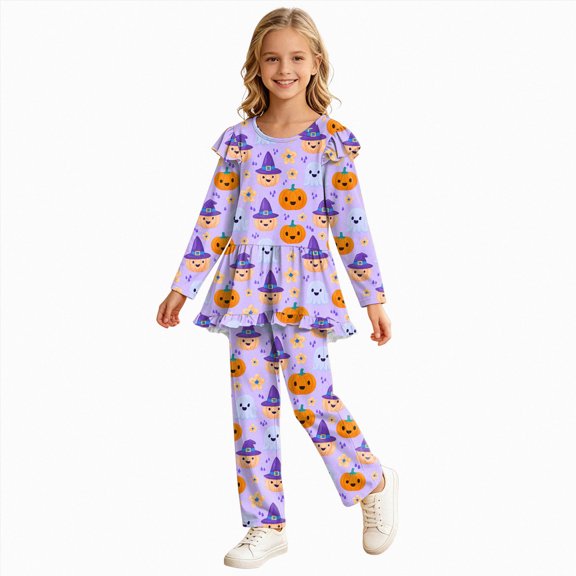 CAUYDY Halloween Pjs Pumpkin Ghost Print Pajamas Set Long Sleeve Crewneck Soft Top Sleepwear with Pants Light Purple Sizes 5-6 Years