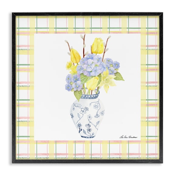 Spring Vase on Yellow Plaid Black Framed Giclee Art, design by Lee Ann Sanders
