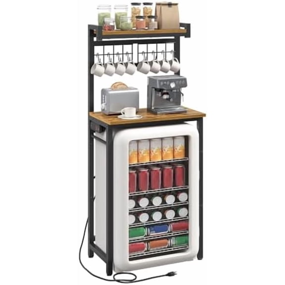 Mini Fridge Stand with Power Outlet, 3-Tier Microwave Stand, Bakers Rack with Storage, Coffee Bar Station with 8 Hooks, Kitchen Storage Rack for Kitchen, Dining Room, Rustic Brown HB07UBR
