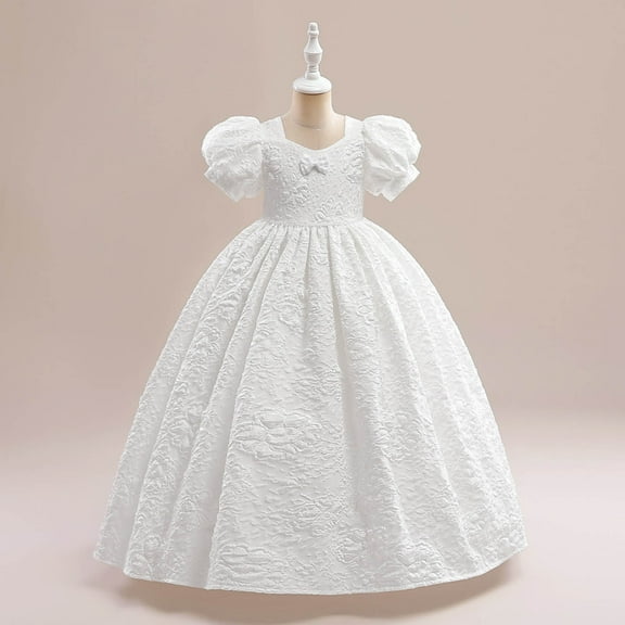 EQWLJWE Little Girls Sweet Style Prom Ball Gown Charming Solid Color Flower Princess Dress Puff Sleeve Bridesmaid Wedding Party Maxi Dress for New Year Holiday White(5-12Y)