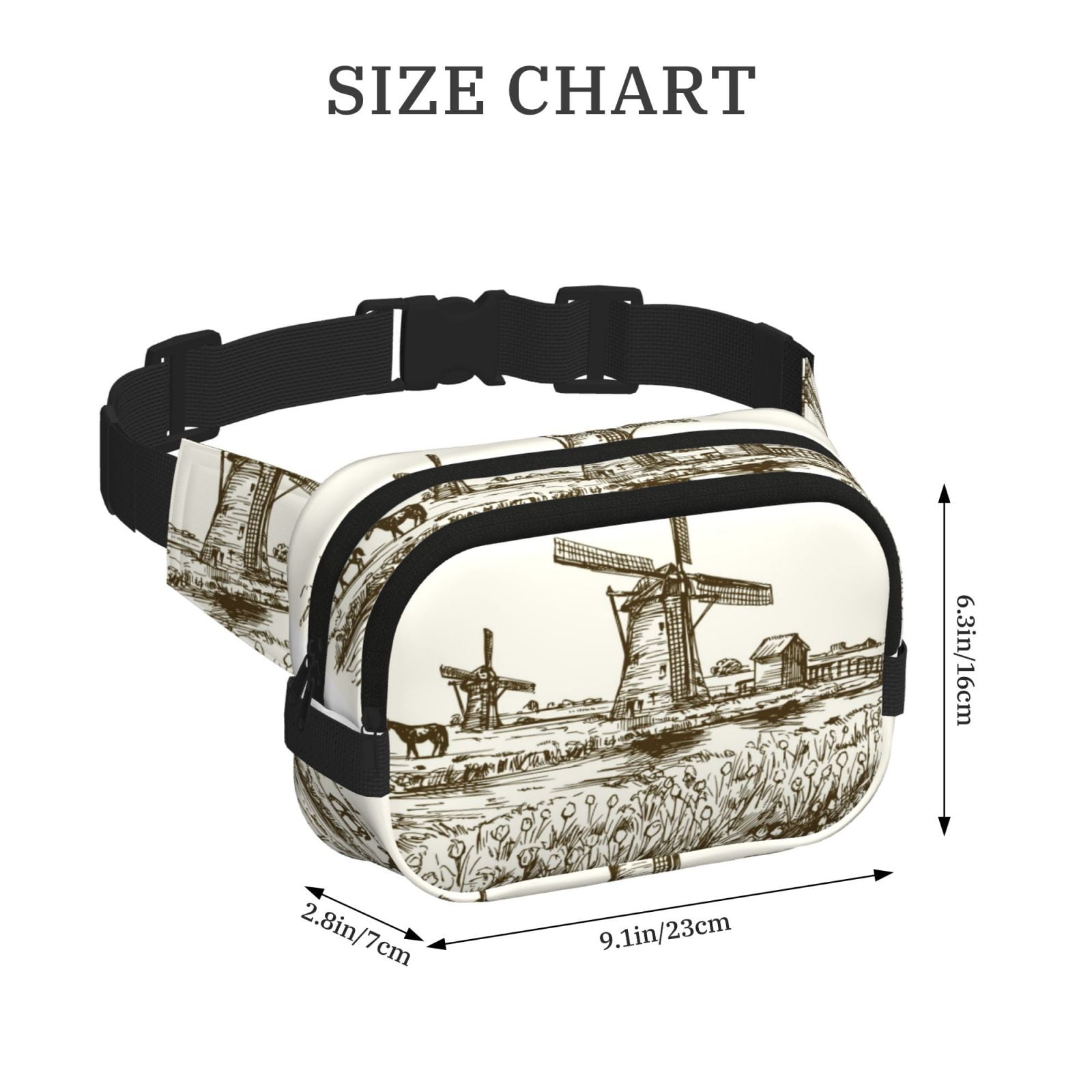 Hirioo Dutch Windmill for Double Layer Waist Bag Adjustable Fanny Pack For Travel Running Hiking