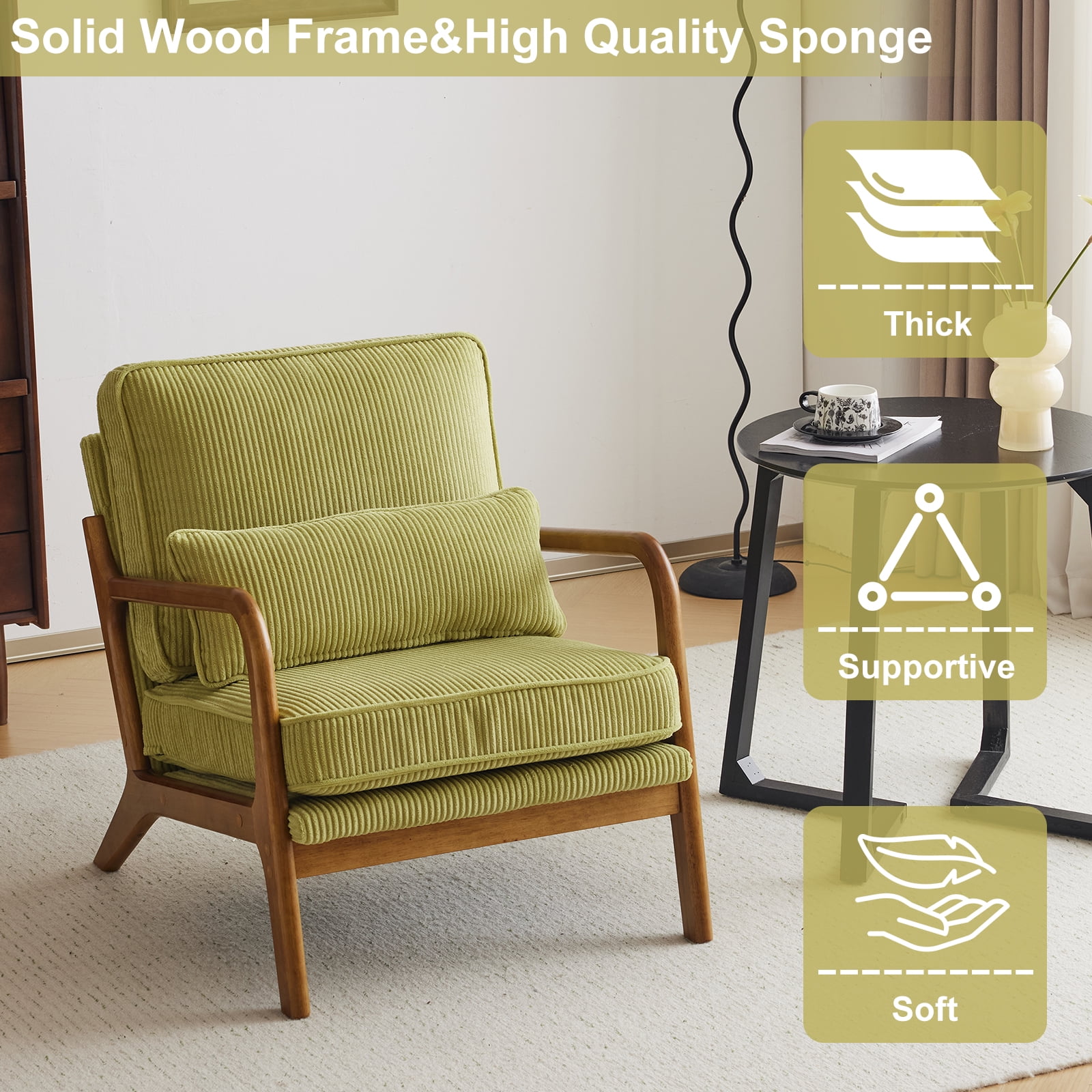 Ktaxon Accent Chair Corduroy Upholstered Armchair, Reading Club Chair with Pillow and Solid Wood Frame for Living Room Bedroom Furniture Olive Green