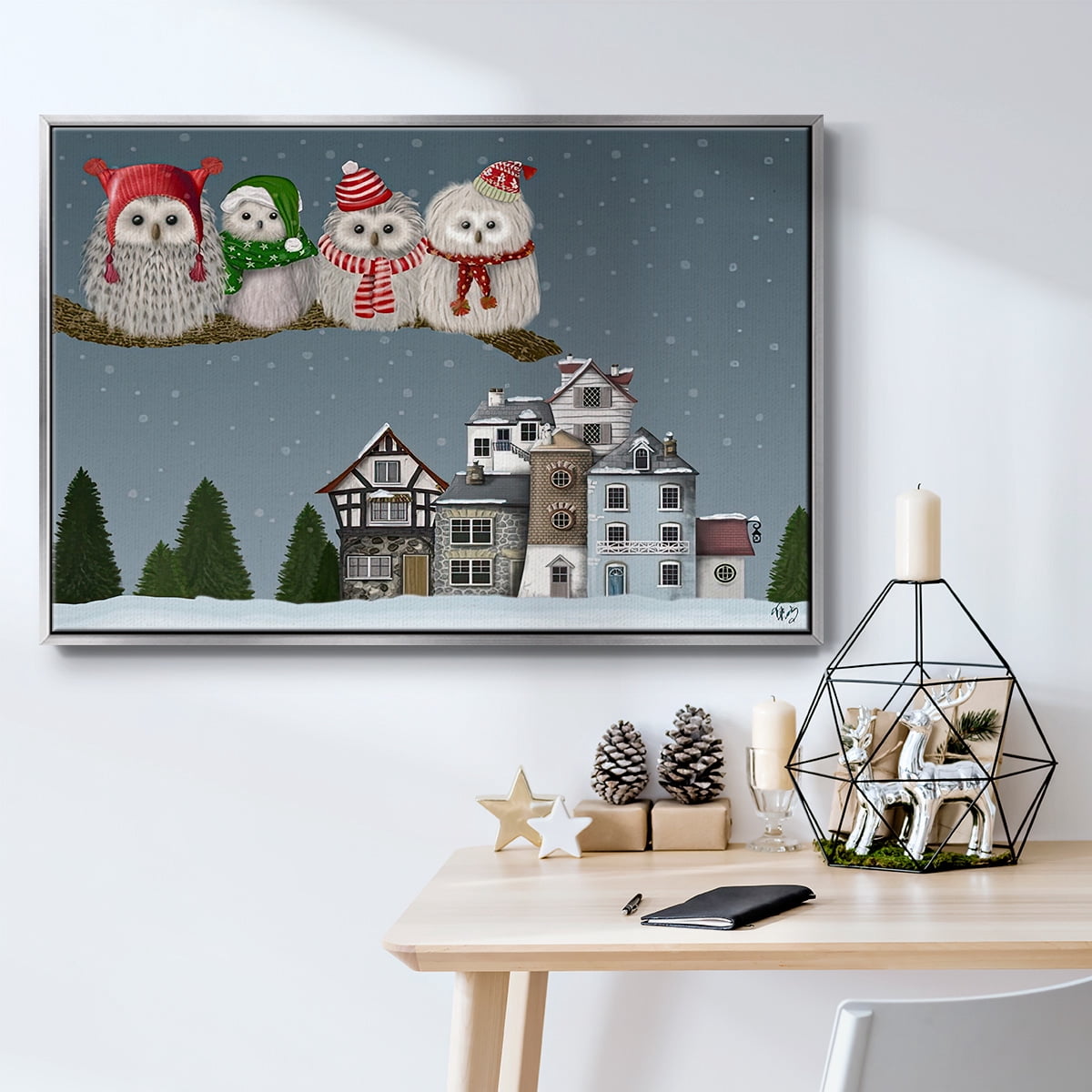 Christmas Christmas Owl Village - Framed Gallery Wrapped Holiday Canvas - 25 x 37 - Silver Frame