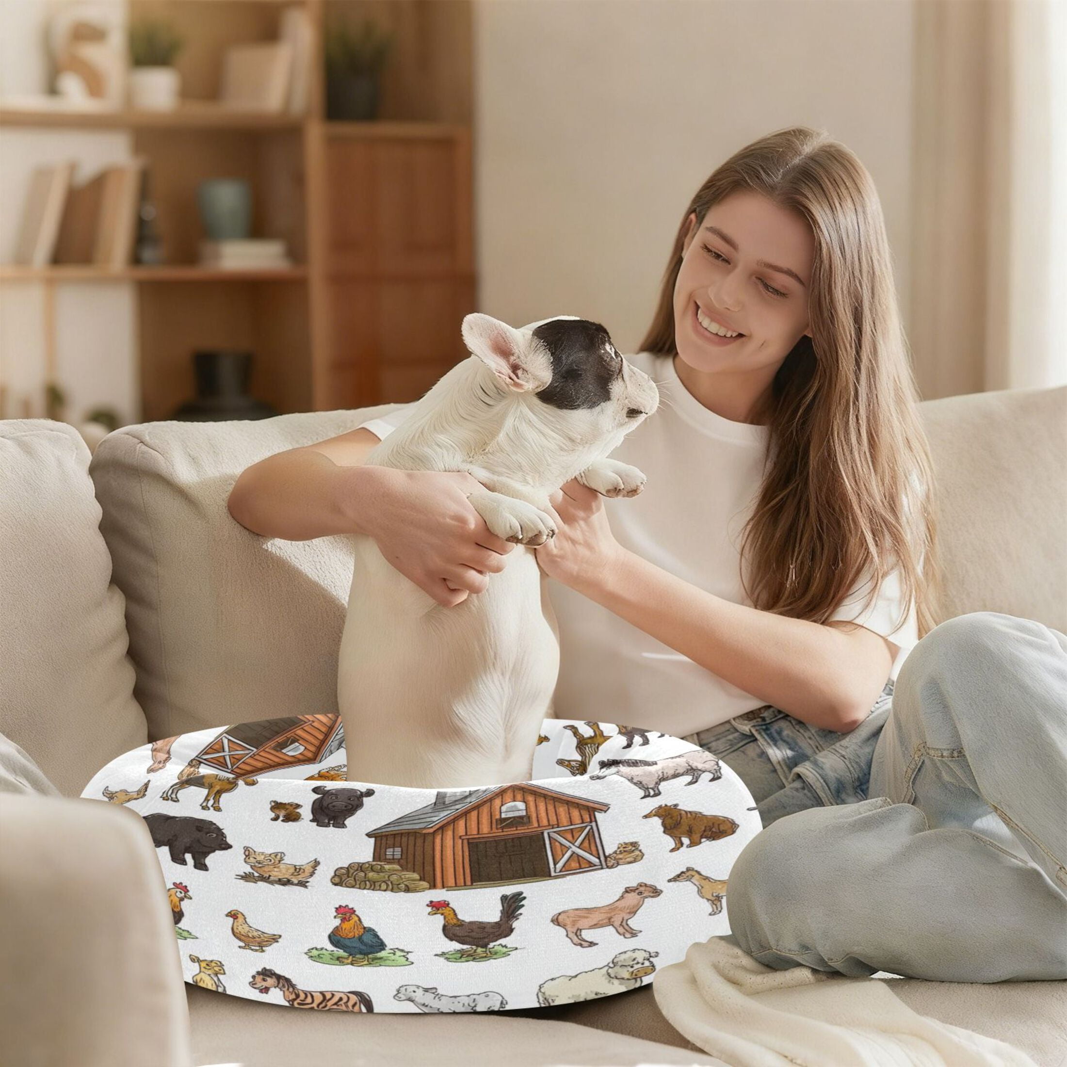 Iauyy Pet Couch Donut Cat Bed for Indoor Cats/Small Dogs Washable & Machine with Non-slip Bottom Calming Cat Furniture, 30 Farm Animals (M)