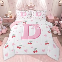 Castle Fairy Pink Personalized Initial D Twin Comforter Sets,Cherry Love Heart Bedding Set
