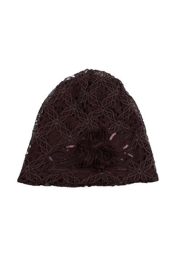 Solar Fan Hat Women Lace Floral Slouch Turban Beanie Soft Warm Maternity Chemo Hat For Hair Loss Patients Coffee