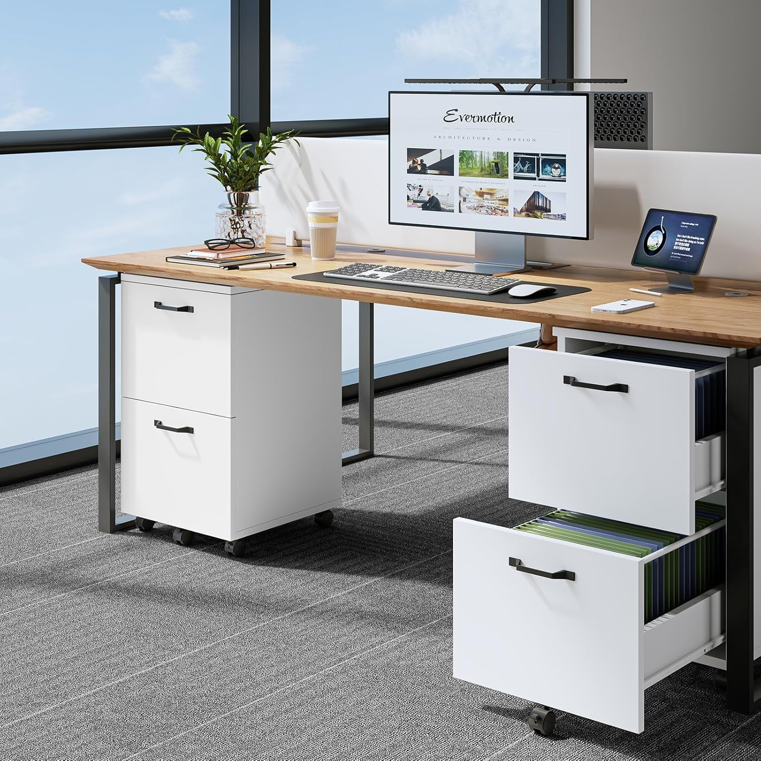 JIOABL 2 Drawer Rolling File Cabinet with Lockable Wheels, Mobile Printer Stand with Storage, White, 1 Set