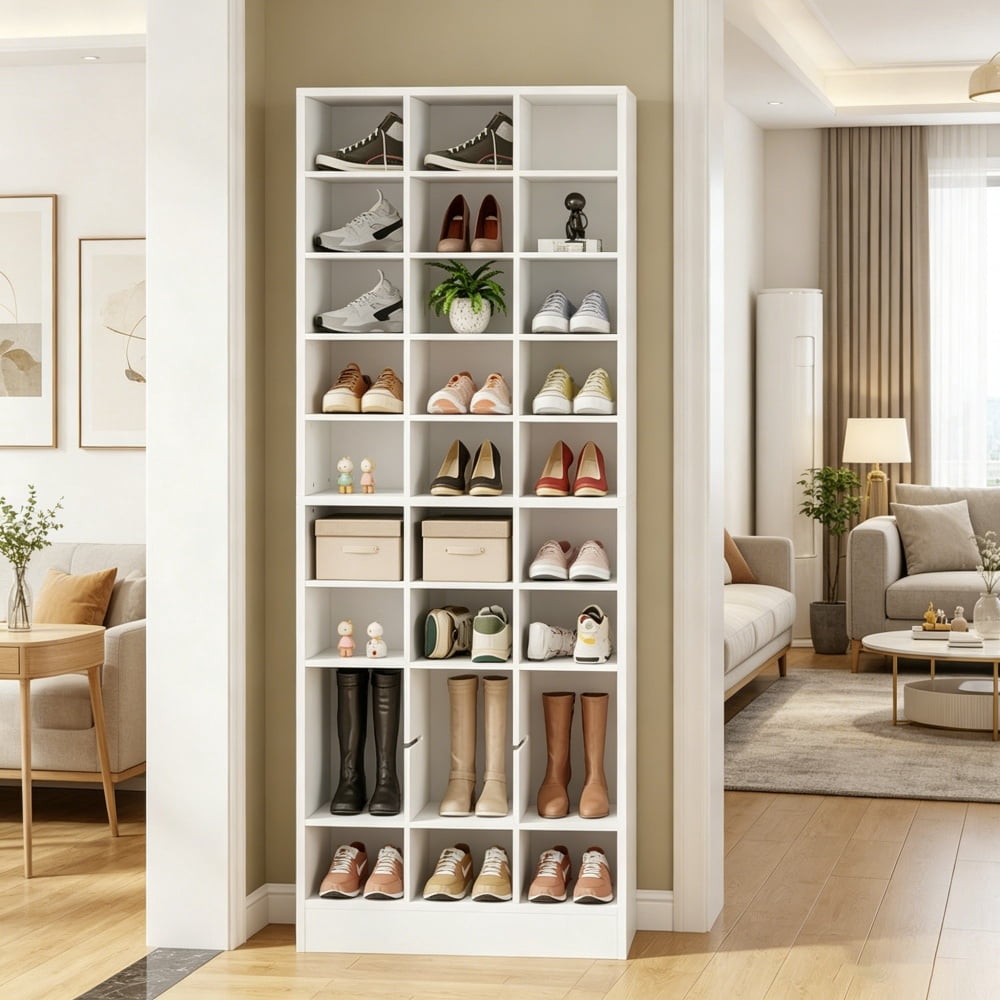 Tall Cubby Shoe Storage Cabinet, 30 Adjustable Cubbies Holds Up to 30 Pairs, Thick Manufactured Wood Freestanding Shoe Rack Max 330LBS for Entryway Closet