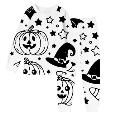 TIWEKE Tenues & Ensembles pour Garçons Ensemble de Pyjama d'Halloween pour Enfants Manches Longues Doodle Saisonnier Confortable Vêtements de Nuit pour Garçons & Filles 2-9 Ans, Taille 7-8