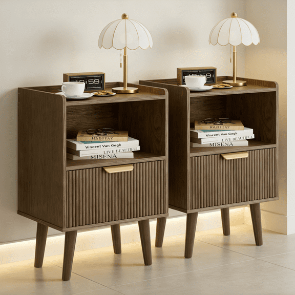 Gelloan Fluted Nightstand Set of 2, Bed Side Table with Drawer, Solid Wood Feet, Open Storage, End Table with Raised Edge, for Bedroom, Dorm and Small Spaces,Walnut