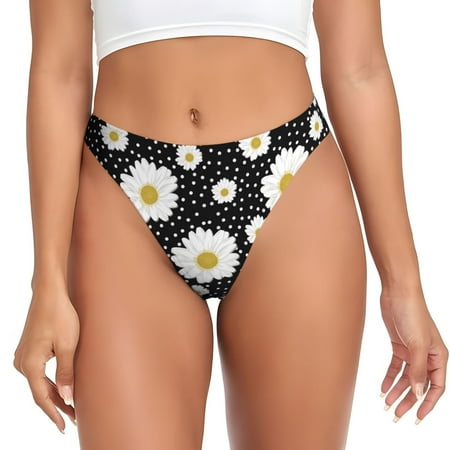 Thongs for Women - daisy flowers dotted black No Show Seamless Womens Thongs Underwear  Stretch G String Thongs for Women  Ladies Breathable Kawaii Thong Bikini Panties Briefs