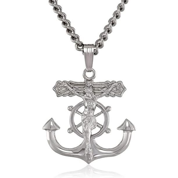 Sterling Silver Anchor Cross with Jesus Pendant Necklace 24 Inch.