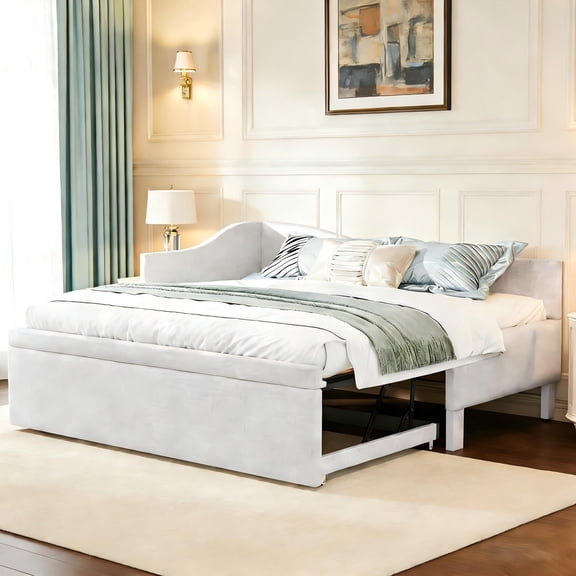 Aukfa Twin Daybed with Pop-Up Trundle, Linen Upholstered Twin-to-King Bed Frame, Space-Saving Guest Bed for Living Room, Bedroom, Kids Room, Light Gray