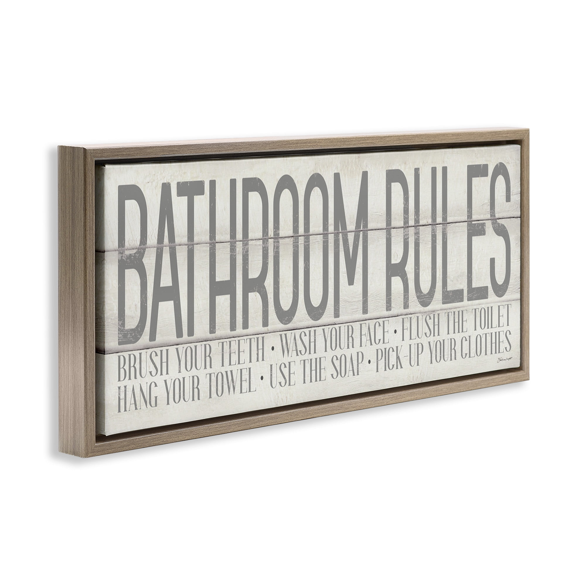 Stupell Industries Planked Style Bathroom Rules Abstract Painting Brown Floater Framed Canvas Art Print Wall Art, 25 x 11