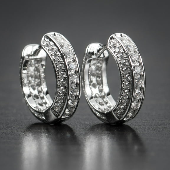 Men's White Gold Plated 925 Sterling Silver Post Fully Iced Cz Pointer Small Huggie Hoop Earrings