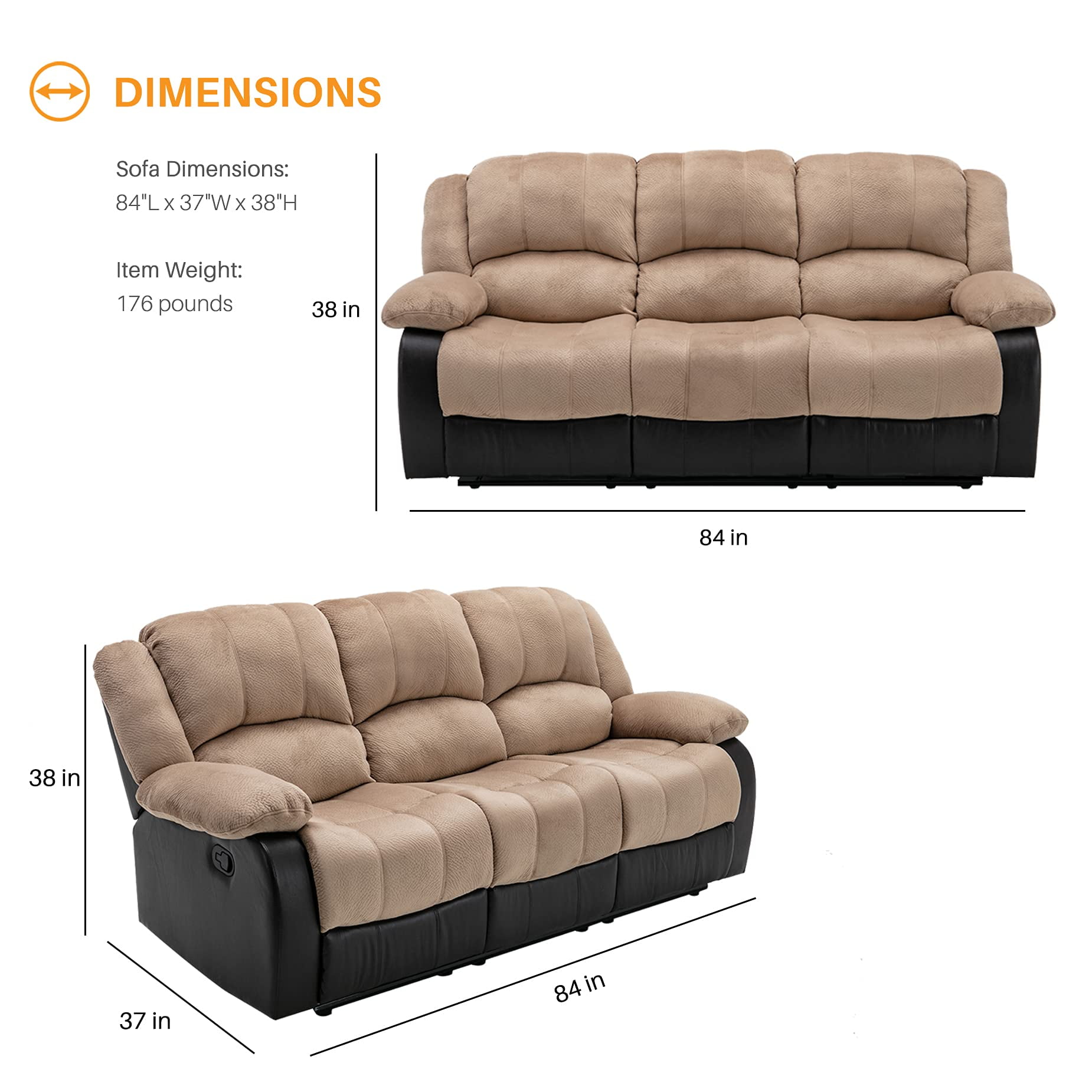 Nathaniel Home Champion Manual Double Reclining Sofa, PU Leather Upholstered 3-Seat Couch, Tufted Recliner, Plush Scoop Seating, for Living Room Home Theater, Beige Adult