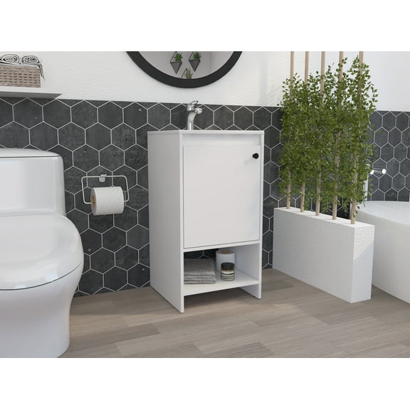 Westbury White Bathroom Vanity with Open Shelf and Cabinet - Space Saving Design for Small Bathrooms