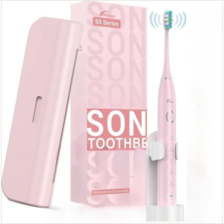 Abli Brand Pink Toothbrush Set: 8 Brush Heads120-Day Battery Charging Stand – Travel-Ready Elegance