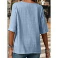 thumbnail image 4 of Women'S Round Neck Short Sleeve Cotton and Linen Button Fashion Casual Top Loose Formal Work T-Shirt Light Blue S, 4 of 7