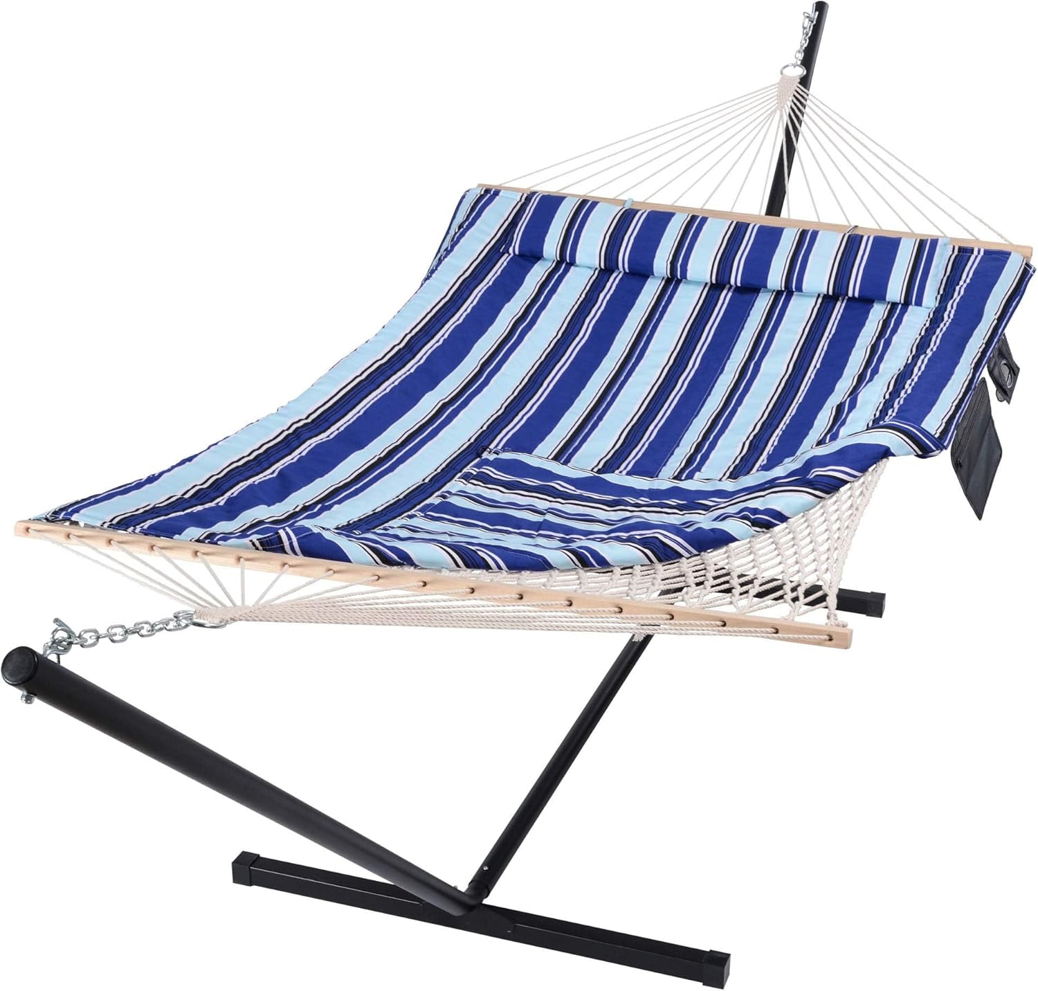 SUNCREAT Outdoor Two Person Hammock with Steel Stand Heavy Duty for Camping, Max 475lbs Capacity, 76"L x 52"W, Blue Stripe