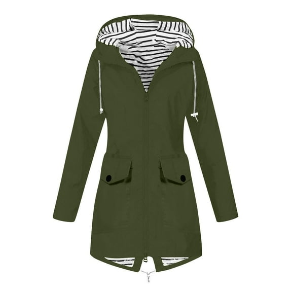 WTOBBY Women Solid Stripe Mid-Length Waterproof Sun Protective Outdoor Sports Rain Jacket, Hooded Windproof for Hiking and Casual,Army Green L