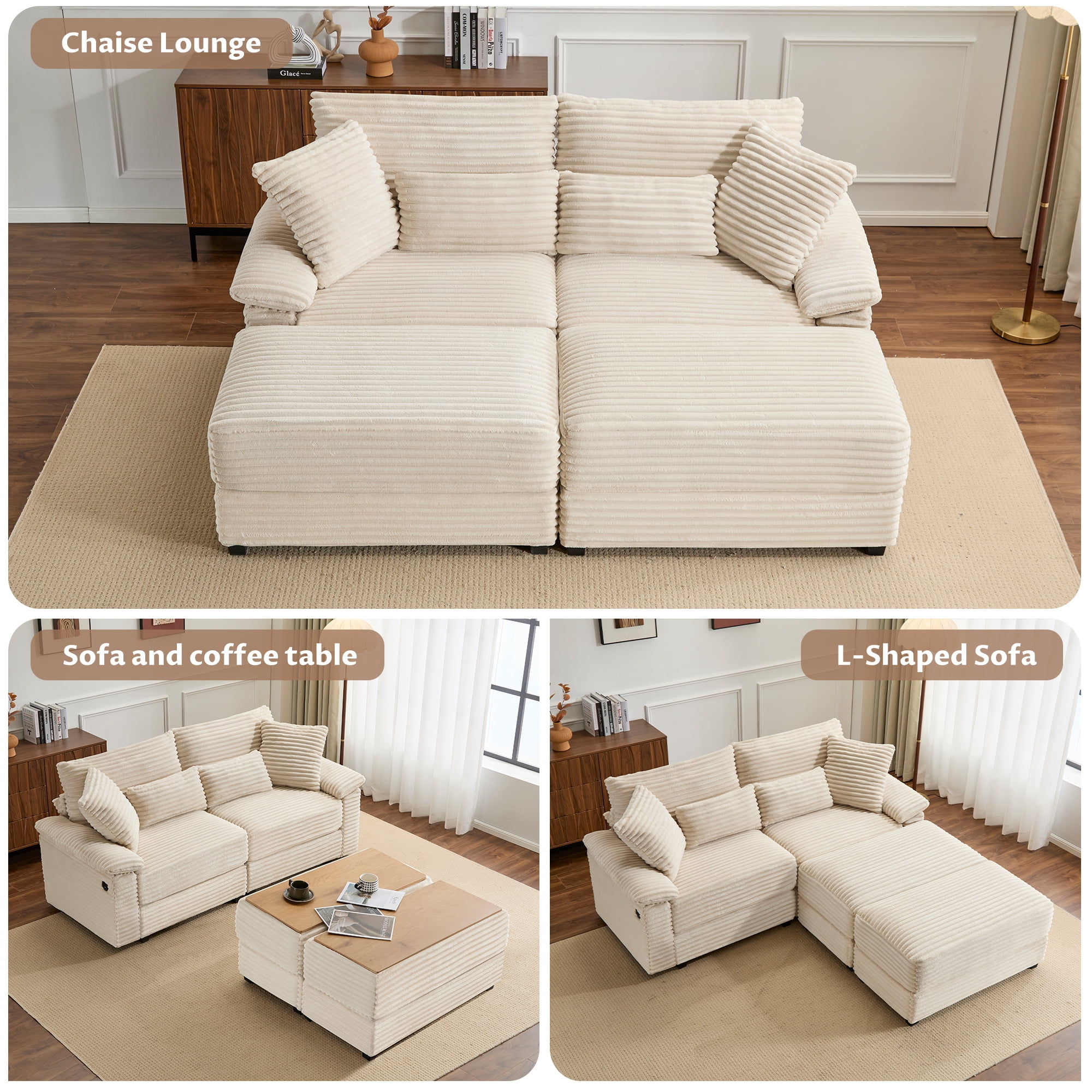 Alvantor 74" Sofa Loveseat with Reversible Ottoman & USB Port Corduroy Chaise Couch for Living Room Beige