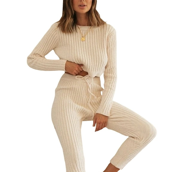 Women’s Two Piece Casual Outfits Set Long Sleeve Ribbed Knit Crop Tops and Pants Set Loungewear