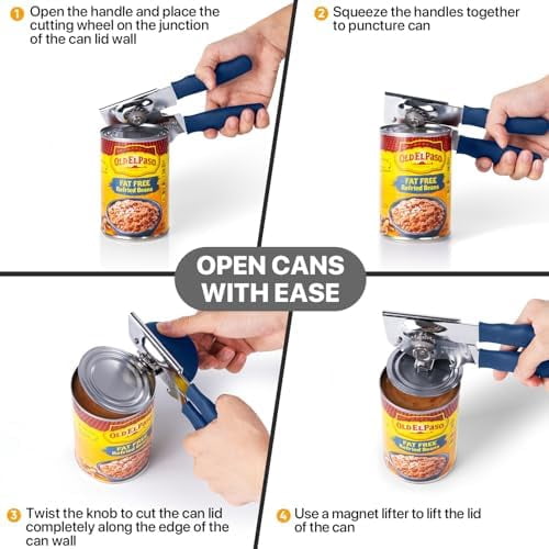 Can Opener Manual Heavy Duty,  Hand Held Can Openers for Seniors with Comfort Grip Sharp Blade, Solid Steel Hand Manual Can Open with Magnet for Kitchen Camping, Blue