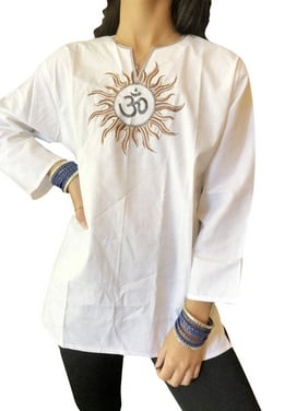 Women Cotton Tunic Blouse White HINDU Om Embroidered Shirt BOHEMIAN Top Gypsy Yoga Blouse M