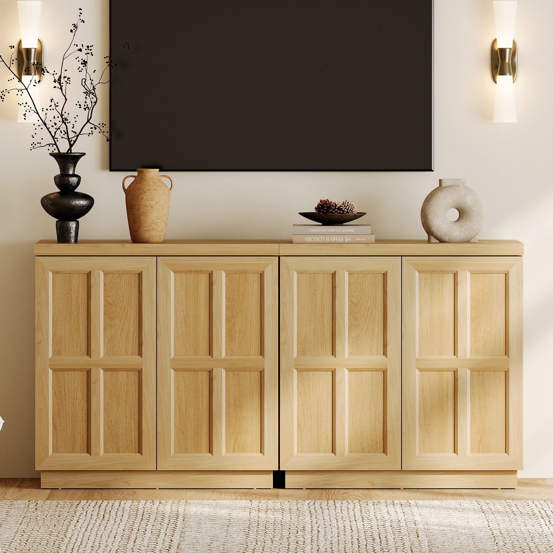 HOMOOI TV Stand for 40-70"TV, Boho 63" Wood Media Console with Pop-Up Handle-Free Doors, Adjustable Shelves and Cable Management Hole, Heavy-Duty Entertainment Center for Living Room, Bedroom
