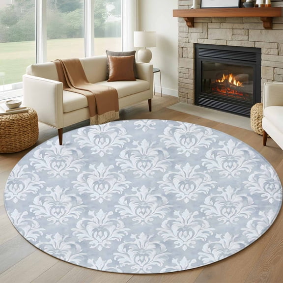 Haze Blue Boho Round Area Rug 5 FT, Non Slip Bedroom Rugs, Neutral Middle Century Turkish Pattern Washable Soft Circular Carpet Non-Shedding Floor Mat for Kitchen Dining Room Foyer Balcony Dorm
