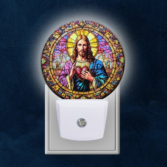 Round LED Night Lights Lamp with Dusk to Dawn Sensor, Jesus Christ Holding Heart In Hands Night Light Plug Into Wall for Kids Room, Bedroom, Bathroom, Kitchen, Hallway