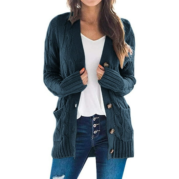 Jersey tipo cárdigan PRETTYGARDEN para mujer, tejido trenzado, azul lago