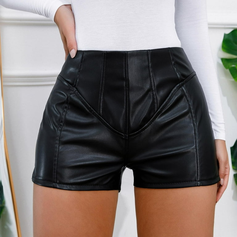 パンツ Faux Leather 5 Pocket Wide Easy Shorts Womens High Waisted Faux Leather Shorts with Pockets Wide